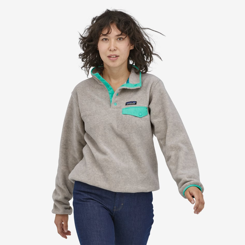 Patagonia Women's Lightweight Synch Snap-T Pullover in Oatmeal Heather/Fresh Teal-1
